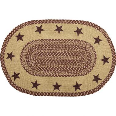 Burgundy Tan Jute Rug Oval Stencil Stars 20x30inch